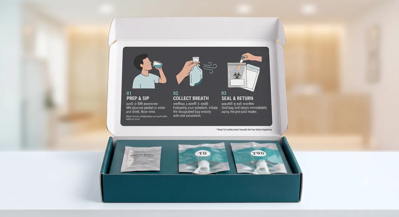 Breath test kit with glucose packet and timed breath bags