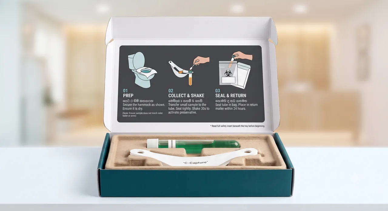 The HealthOS Lanka premium gut-test kit — teal box with a compostable pulp tray, collection tube and 3-step guide